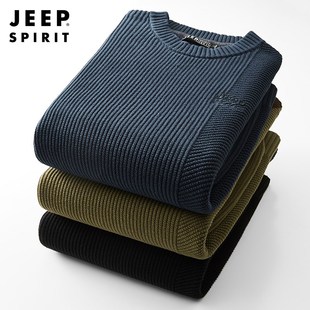 jeep吉普纯棉毛衣男冬季圆领，宽松打底针织衫上衣，加厚保暖休闲线衣