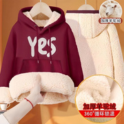 女童秋冬加绒卫衣2023儿童衣服卫衣洋气加厚羊驼绒连帽上衣潮