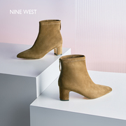 Nine West/玖熙羊反绒粗跟时装靴秋冬瘦瘦靴高跟气质短靴女