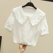 娃娃领衬衫女长袖2023秋季甜美镂空蕾丝大翻领，白衬衣(白衬衣)上衣小衫