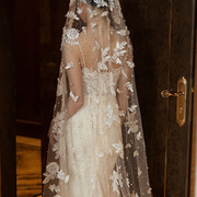 新娘饰品韩式主婚纱婚礼，头纱米白色纱，仙长款拖尾花朵钉珠头饰
