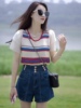 韩版条纹撞色时尚拼接蕾丝袖针织上衣女夏季高腰百搭牛仔短裤套装