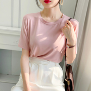 粉色t恤女短袖夏季薄款宽松莫代尔圆领百搭纯色净版基础款上衣女