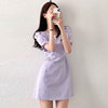 韩国chic夏季法式香芋紫圆领，褶皱收腰显瘦泡泡袖小个子a字连衣裙