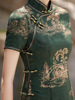 2023春秋仿花罗旗袍(罗旗袍，)绿色走秀演出服妈妈装长款改良修身连衣裙