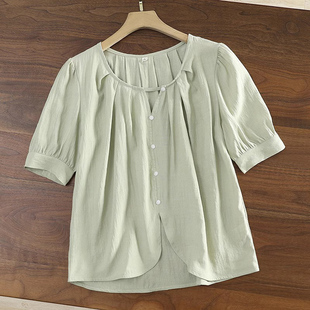 2023夏季薄荷绿短袖衬衫，女设计感泡泡，袖雪纺上衣薄款dd721