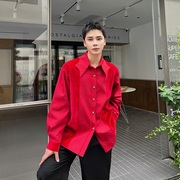 秋季复古红色丝绒衬衫男女，长袖设计感小众时髦宫廷风高级雅痞衬衣