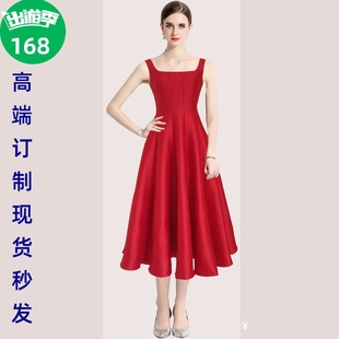 2023秋女装收腰显瘦玫红色小礼服吊带连衣裙