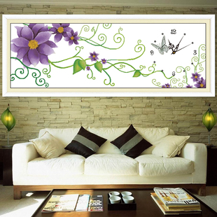 印花紫色优雅十字绣，钟表时钟客厅卧室大幅系列，挂画浪漫图案