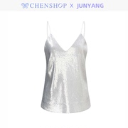 JUNYANG时尚银色闪片亮片吊带背心短上衣CHENSHOP设计师品牌