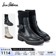 samedelman冬季款黑色，复古方头粗跟条带，系带短靴袜靴靴子女lucca