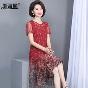 妈妈装连衣裙夏季洋气，2024台湾纱中老年人，高档时尚气质红裙子