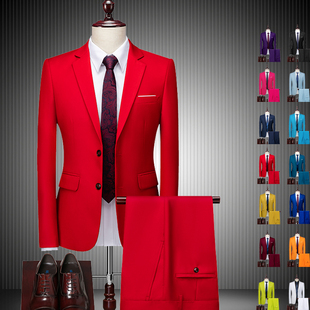 红色西服套装男士韩版修身外套新郎，结婚礼服商务职业正装小西装男
