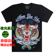 泰国潮牌日系纹身虎头男士短袖，纯棉t恤4d金属，装饰夜光日本浮世绘