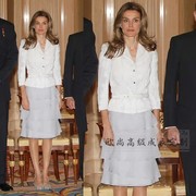 高级定制西班牙王妃同款白色七分袖西装外套银灰色欧根纱半裙套装
