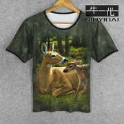 欧美3d动物小鹿图案个性，男女短袖t恤流行青少年印花衣服夏季