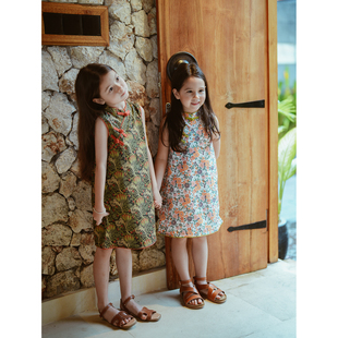 史豌豆(史豌豆)旗袍新中式，女童2024夏季国风复古连衣裙小女孩洋气裙子