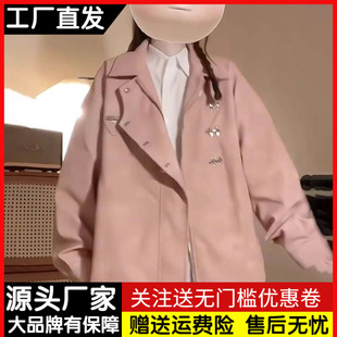 美式复古金属扣粉色，pu皮衣外套，女春秋季宽松机车服工装夹克上衣潮