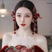 。2023复古森系红色，新娘头饰女韩式婚礼，结婚礼服晨袍敬酒服发