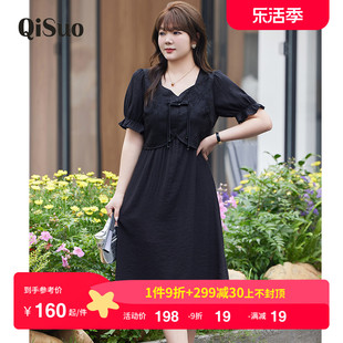 2024年夏装气质方领新中式国风小黑裙，显瘦短袖大码胖mm连衣裙