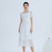 lucidy鲁思蒂白色，短袖连衣裙2024女夏季气质方领中长款裙子