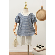 色织儿童娃娃领t恤女童，圆领泡泡短袖，上衣蓝白格子中大童夏款