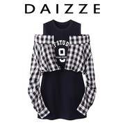 daizze~夏季小众露肩设计假两件拼接连衣裙，运动风格子t恤裙子