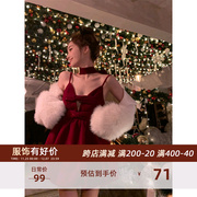 红色丝绒连衣裙女2023秋圣诞辣妹生日裙吊带蓬蓬公主裙小个子战袍