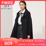 XG雪歌黑色双排扣毛呢外套女2022冬季毛织拼接宽松羊毛大衣女