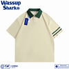wassupshark美式重磅纯棉，条纹polo衫短袖，t恤男夏季宽松纯色上衣