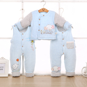 冬季0-1岁新生儿婴儿，棉衣套装纯棉3-6月宝宝棉袄背带裤三件套加厚