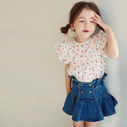 中童女童上衣短袖小碎花棉布夏季韩版童装时尚洋气木耳边儿童体恤