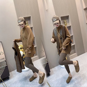 网红秋季韩版时尚套装宽松长袖中长款卫衣PU马甲打底裤三件套