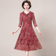 中老年女连衣裙洋气高档台湾纱，弹力印花七分袖妈妈夏装时尚红裙子