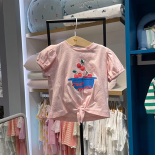 韩国童装 24夏女童宝宝粉色纯棉卡通图案可爱洋气打结短袖T恤
