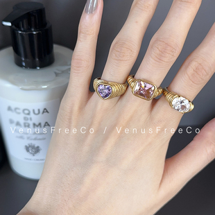 3选法式彩色宝石18k镀金可颂螺纹紫粉白钻戒指，日常叠戴夸张大颗