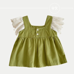 2024夏季婴幼儿荷叶边背心，吊带裙绿色韩版蕾丝，飞袖娃娃衫上衣