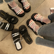 时尚坡跟拖鞋女夏季外穿韩版百搭露趾松糕，厚底一字罗马高跟凉拖鞋