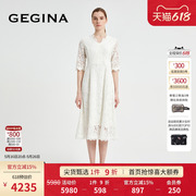 GEGINA吉吉娜2025春夏新品荷叶边袖白色蕾丝连衣裙浪漫仙气法式裙