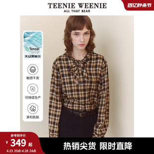 TeenieWeenie小熊春装花边立领格纹衬衫天丝少女感时尚