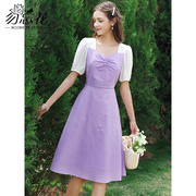 勿忘花紫色假两件法式泡泡袖连衣裙女2023夏季小个子显瘦裙子