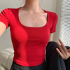 法式夏高级感方领正肩辣妹红色短袖t恤女设计感小众短款上衣