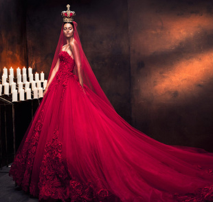 韩式头纱酒红色大红色写真摄影新娘婚纱礼服超长软纱细纱