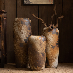 景德镇侘寂复古陶瓷落地花瓶庭院，客厅禅意摆件斑驳做旧粗陶罐干花