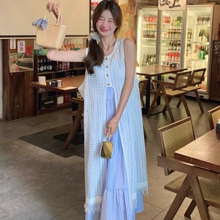 法式蕾丝流苏镂空针织连衣裙女夏季开叉无袖背心叠穿罩衫长款裙子