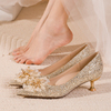 金色婚鞋2023年新娘，鞋主婚纱高跟鞋女3cm低跟单鞋订婚水晶鞋