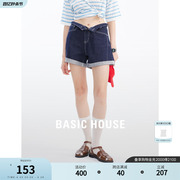 Basic House/百家好宽松卷边牛仔短裤夏季高腰显瘦热裤女