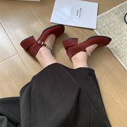 法式感单鞋女2024年春季仙女风红色绒面粗跟水钻玛丽珍鞋