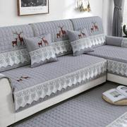 绣花纯色布艺沙发垫四季通用简约现代刺绣时尚防滑沙发坐垫套罩子
