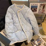 蓝色菱格棉衣棉服女设计感小众2023秋冬时尚洋气保暖夹棉外套